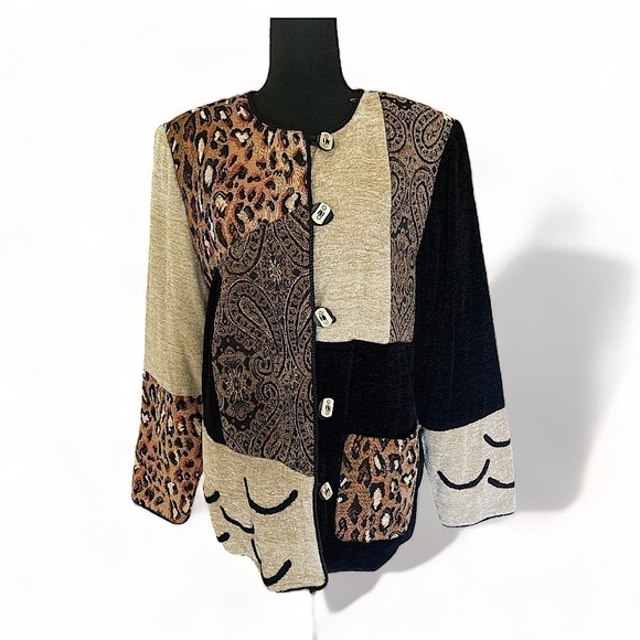 INDIGO MOON Patchwork Animal Print Embroidered Jacket Boho Chic Classic Large - Picture 1 of 16